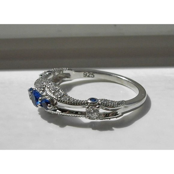 925 STERLING SILVER Antique Style Blue Spinel Cubic Zirconia Filigree Ring - Picture 13 of 16